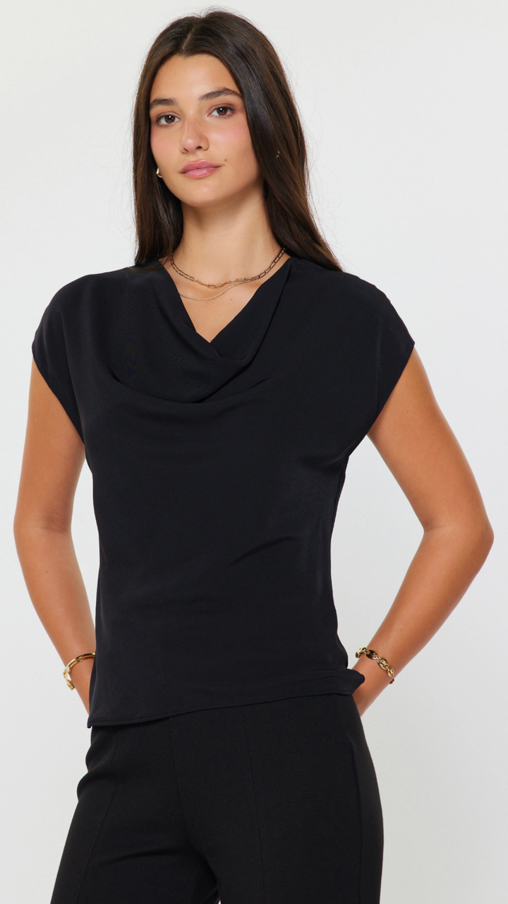 Black Draped Cowl Neck Blouse