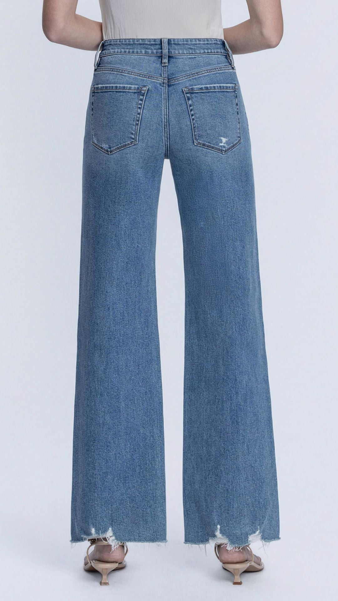 High Rise Medium Wash Full Length Slant Side Seam Vintage Flare Jeans