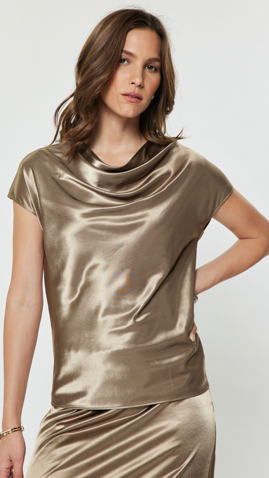 Metallic Satin Mixed Media Cowl Neck Top