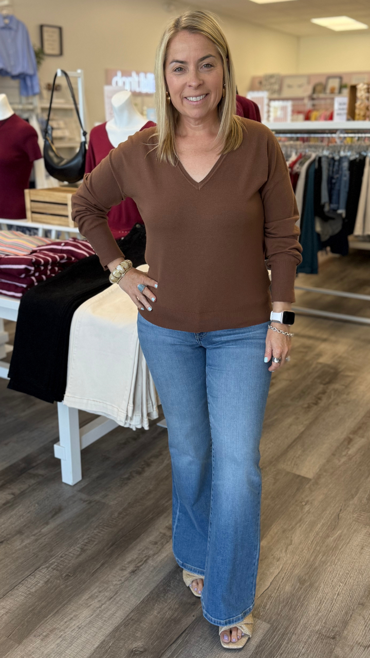 Brown V Neck Buttoned Sleeve Sweater