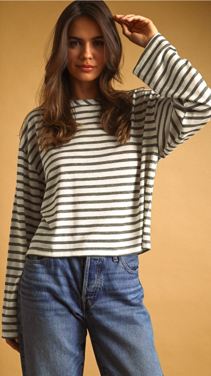 Olive Striped Slub Long Sleeve Top