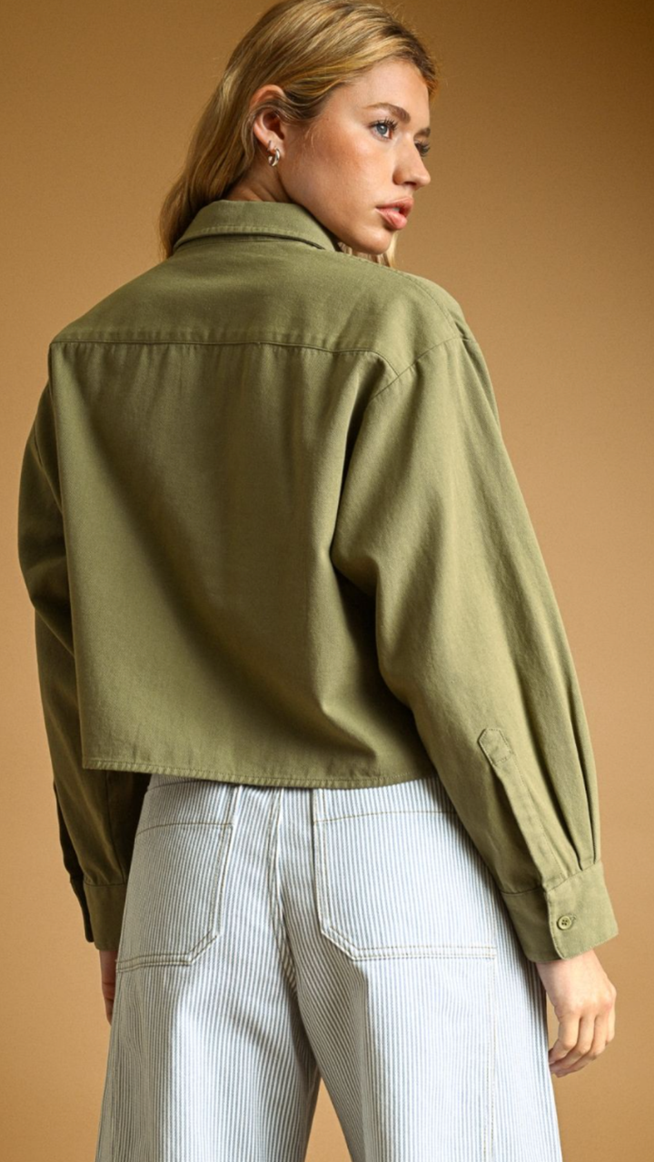 Olive Cropped Buttondown Top