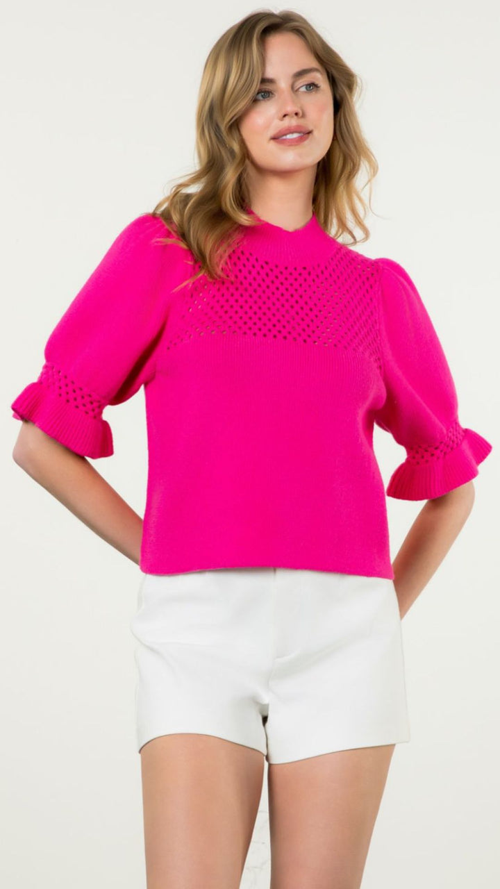 Magenta Pointelle Knit Puff Sleeve Top