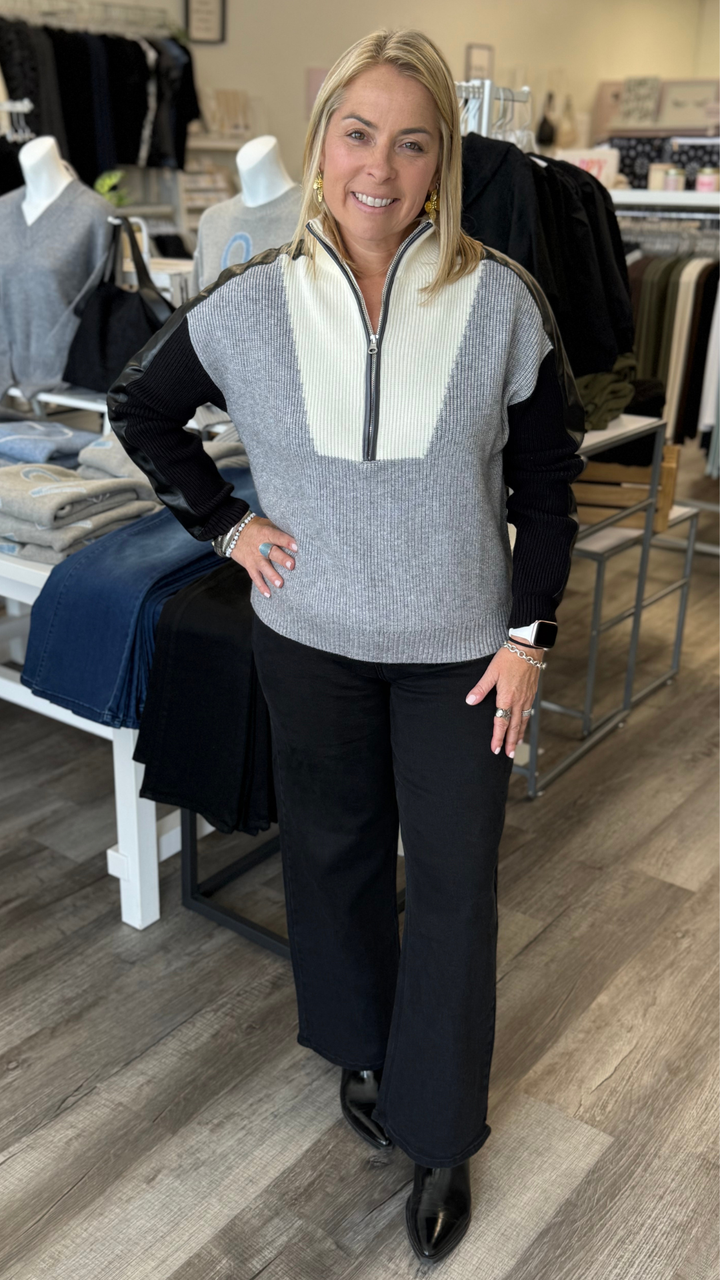 Grey Colorblock Sweater With Faux Leather Sleeves
