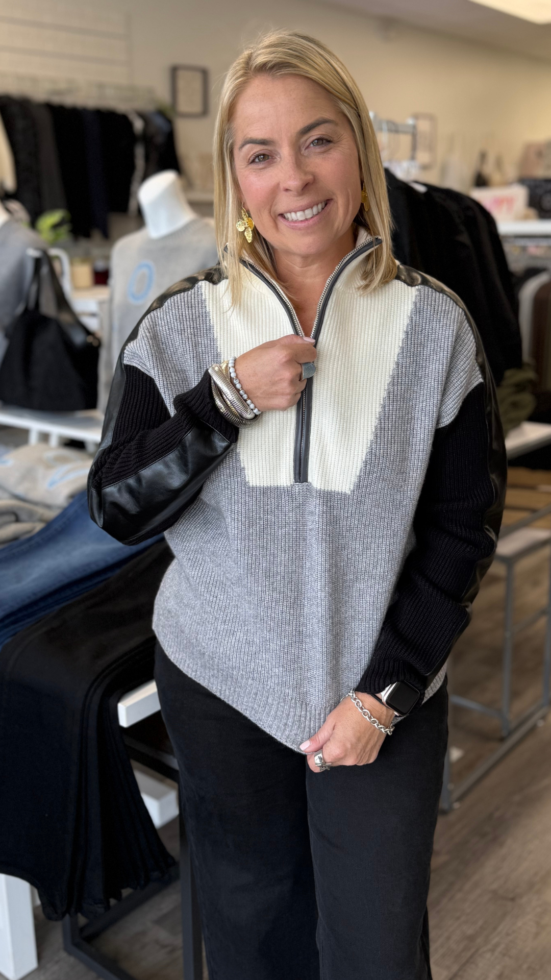 Grey Colorblock Sweater With Faux Leather Sleeves