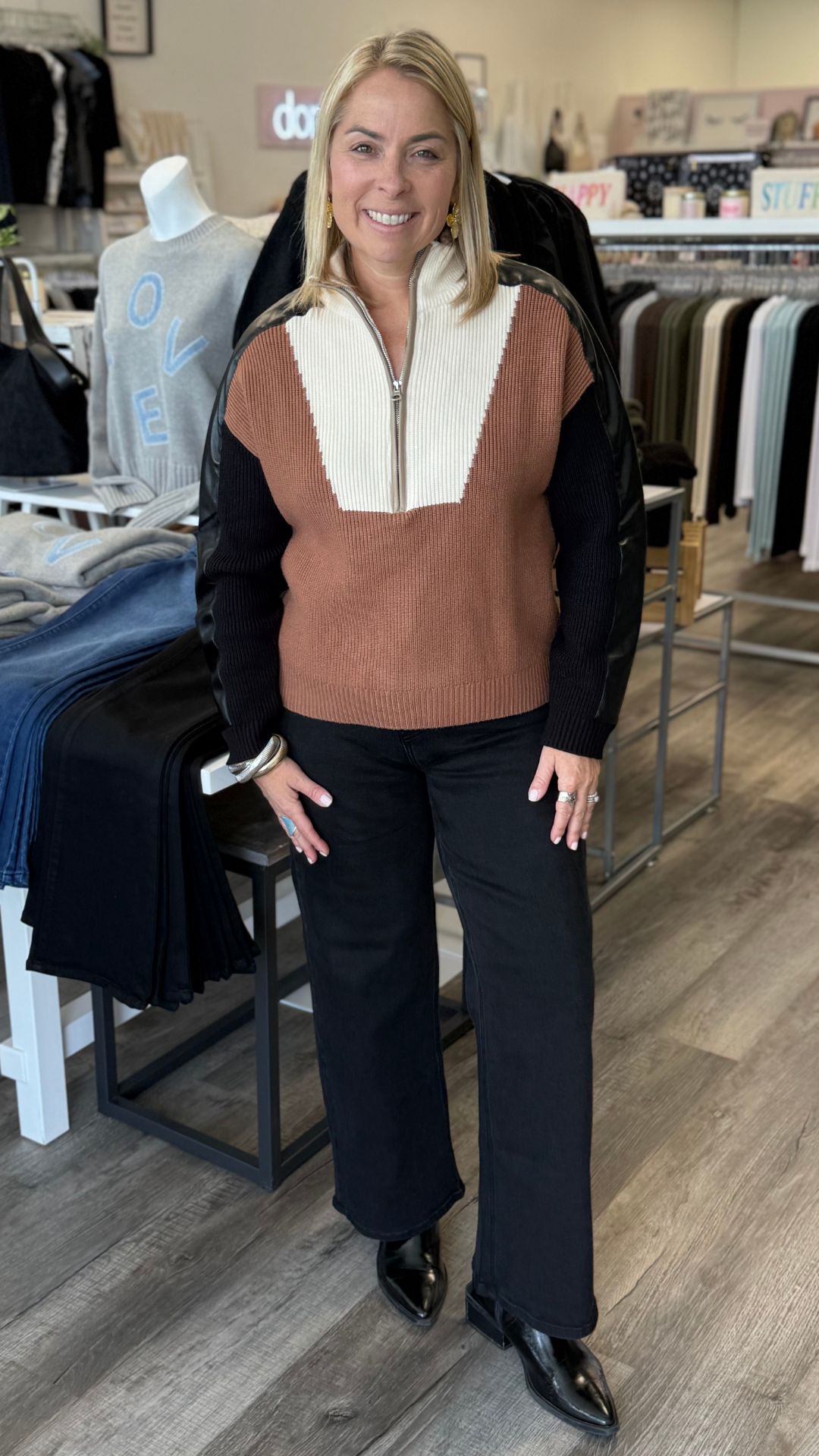 Camel Colorblock Sweater With Faux Leather Sleeves