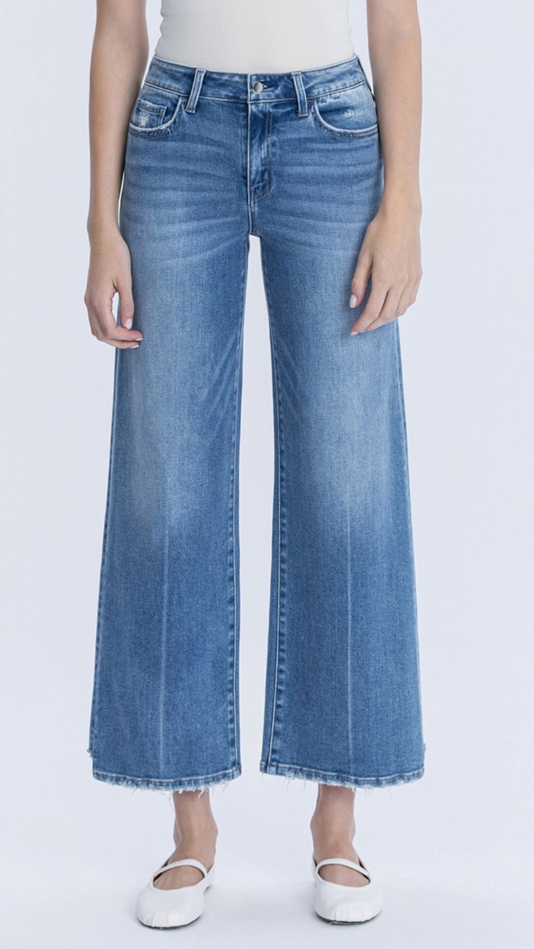 High Rise Medium Wash Side Panel Stem Hem Wide Leg Jeans