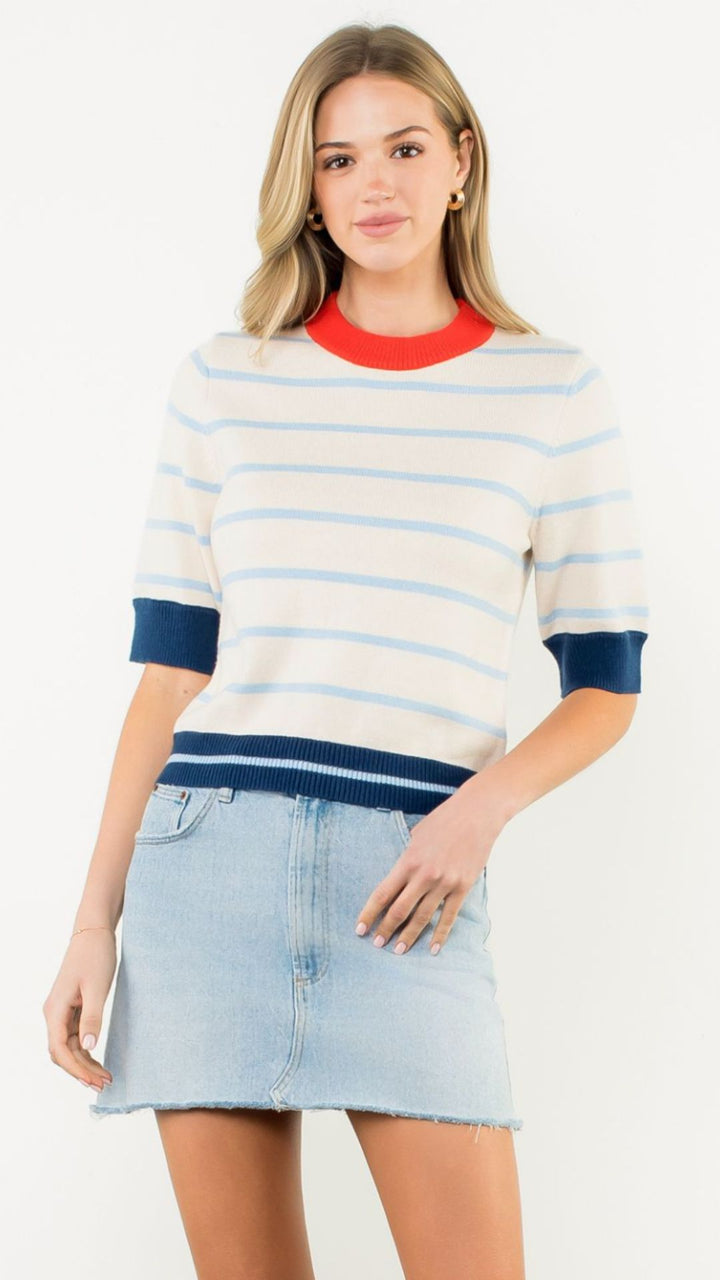 Colorblock Rib Trim Striped Knit Top