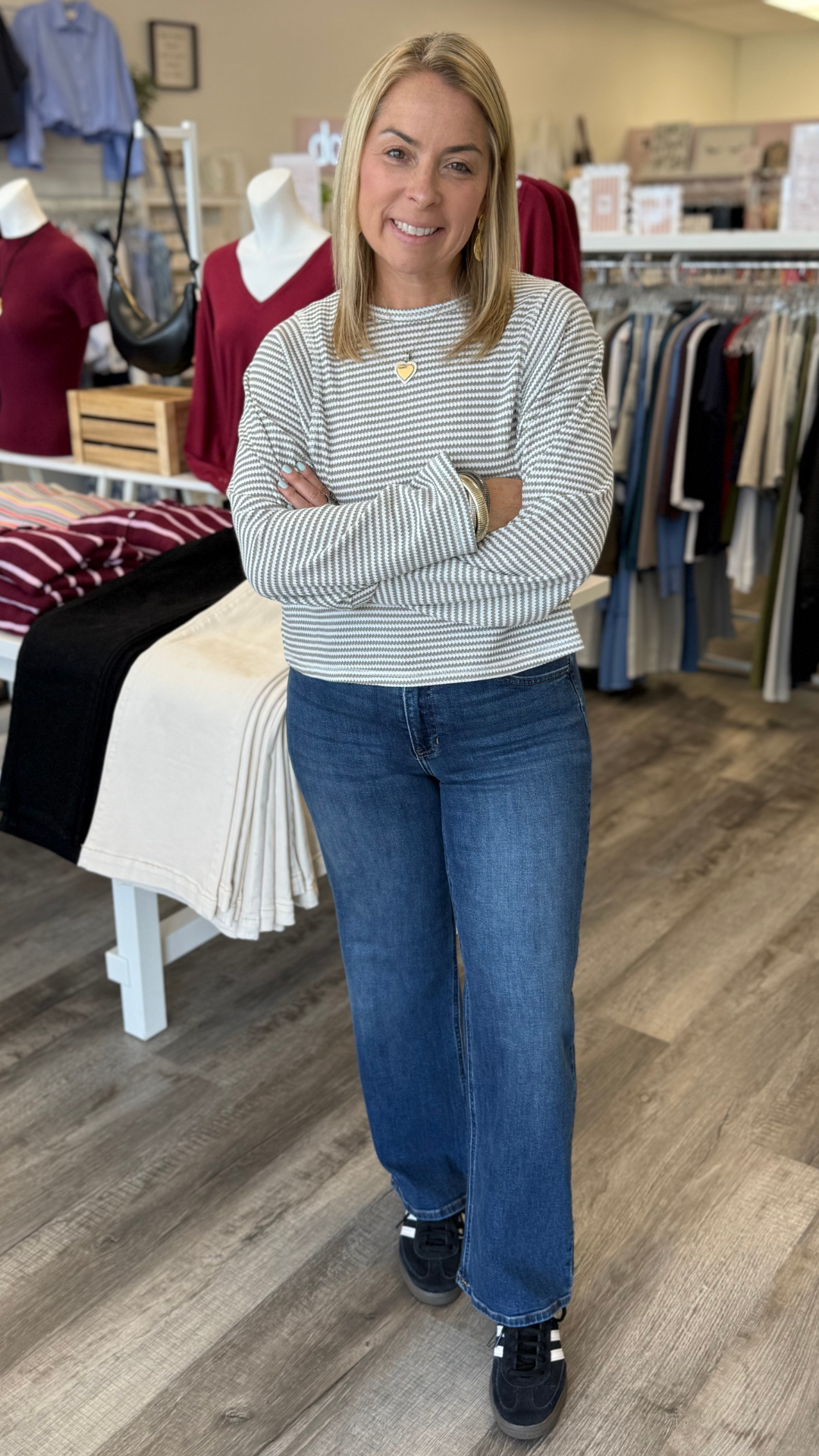 Grey Striped Waffle Long Sleeve Top