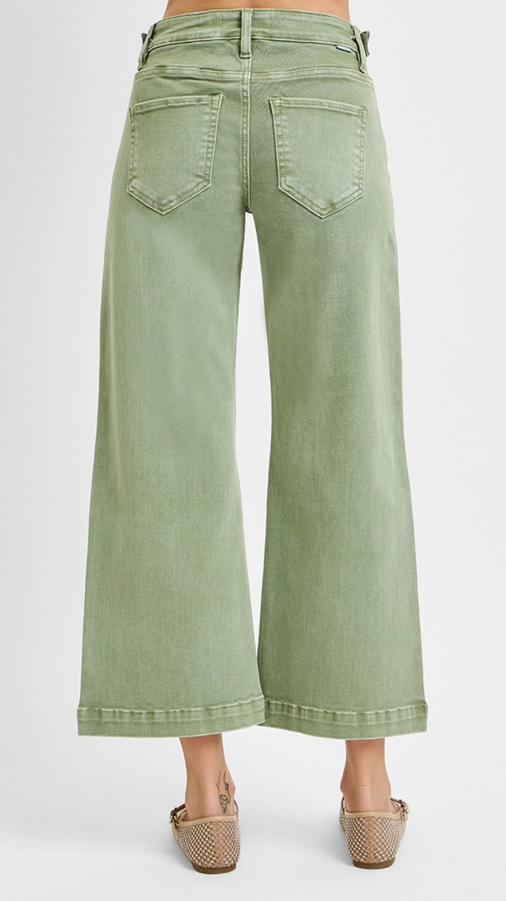 Mid Rise Olive Tummy Control Crop Adjustable Waist Band Jeans