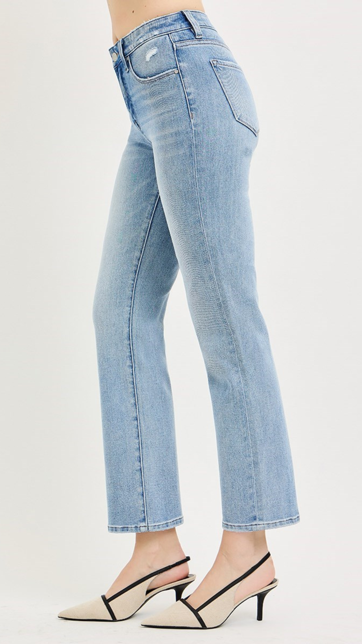 Mid Rise Light Wash Tummy Control Ankle Straight Jeans
