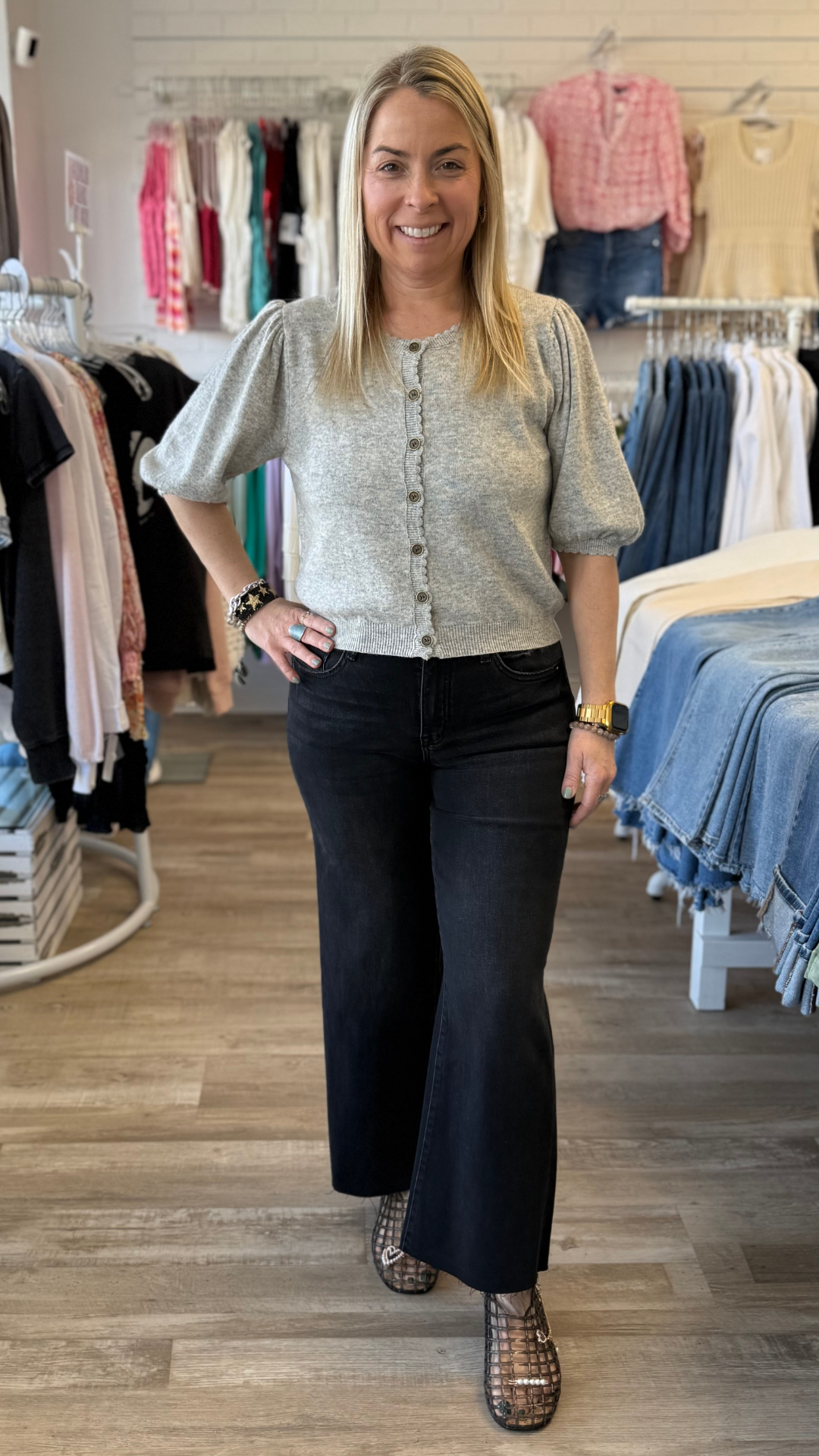 High Rise Black Crop Slim Wide Leg Jeans