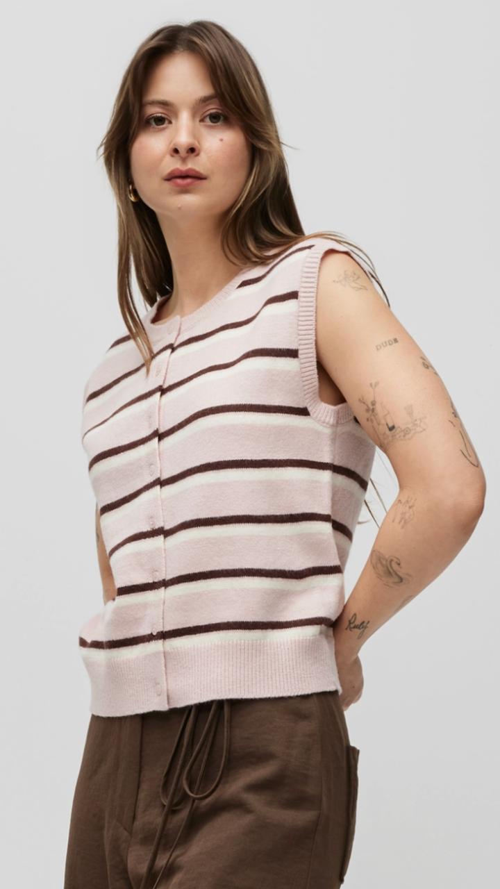 Pink Brown Ivory Sleeveless Cardigan Top