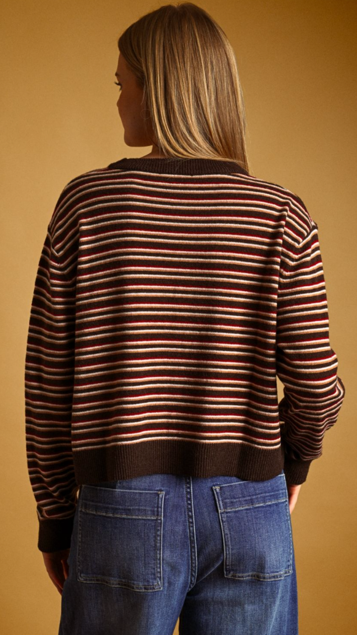 Brown Multi Color Striped Round Neck Knit Top