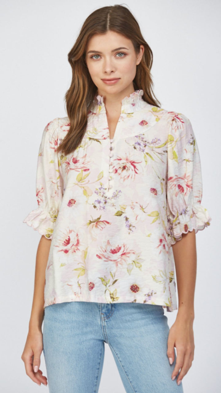 Ruffle Stand Collar Floral Blouse