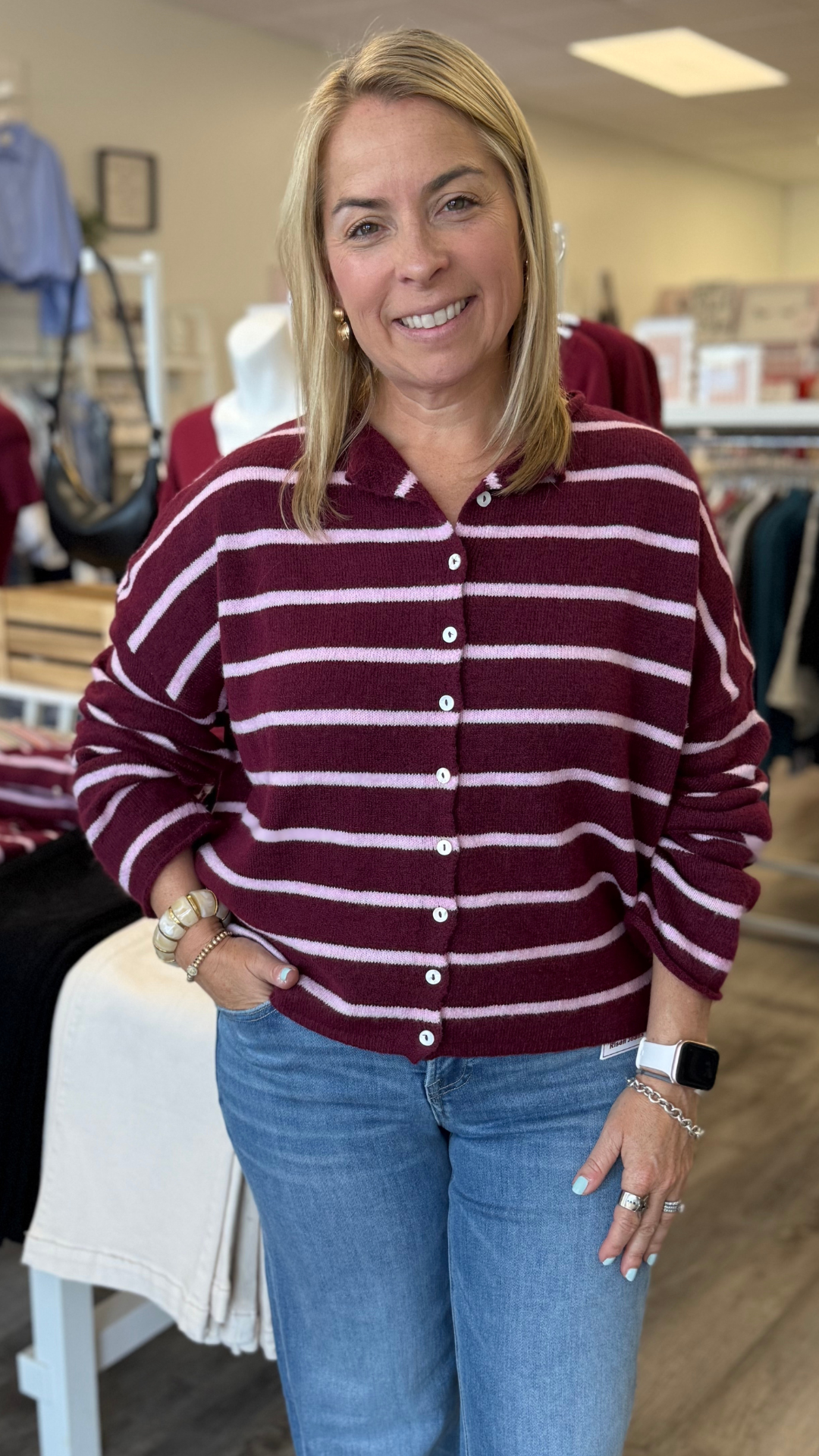 Wine Pink Cabana Striped Piper Cardigan