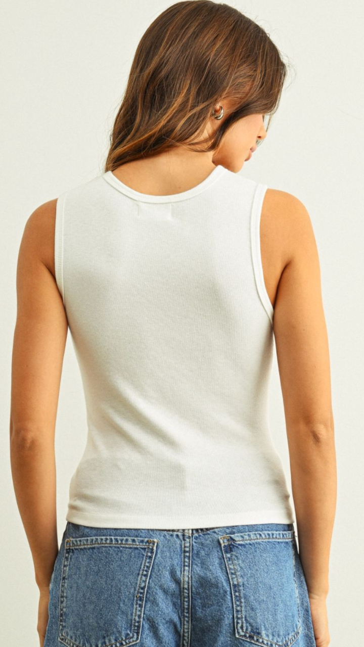 White U Neck Shaped Ribbed Tank