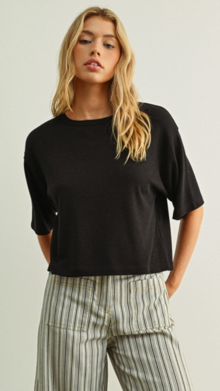 Charcoal Soft Brushed Short Sleeve Knitted Top