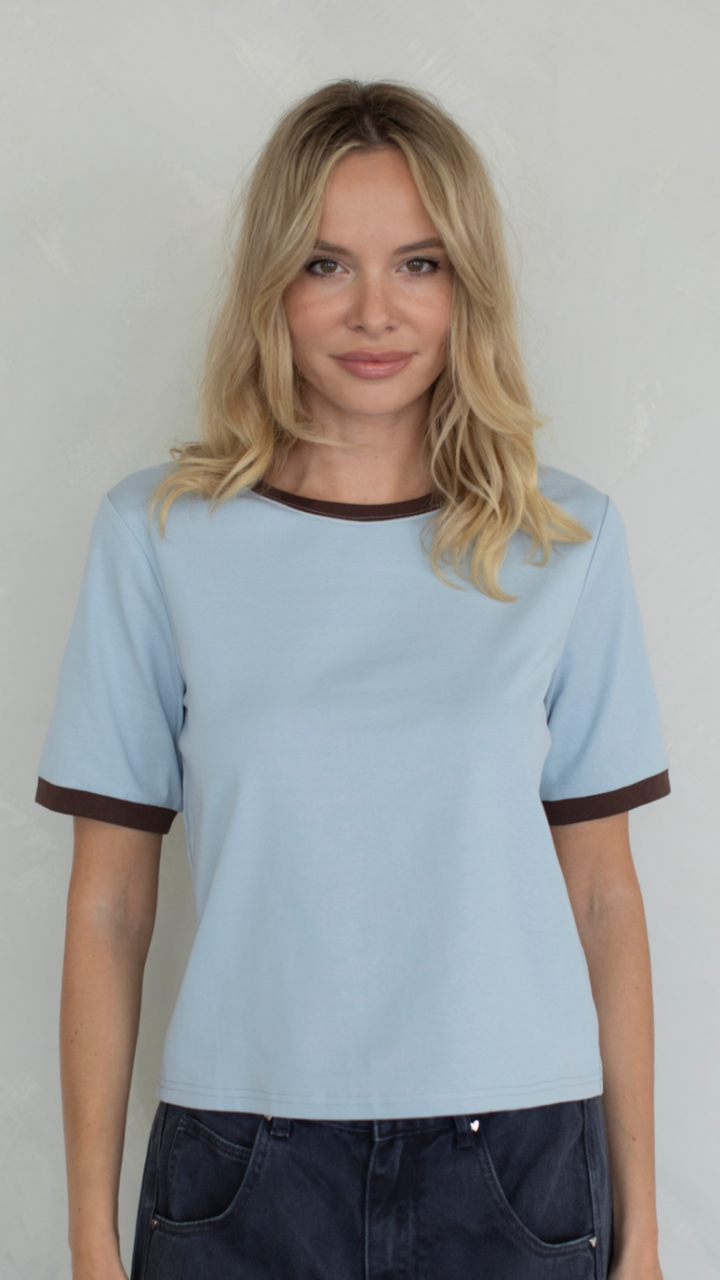 Dusty Blue And Brown Trim Ringer Tee