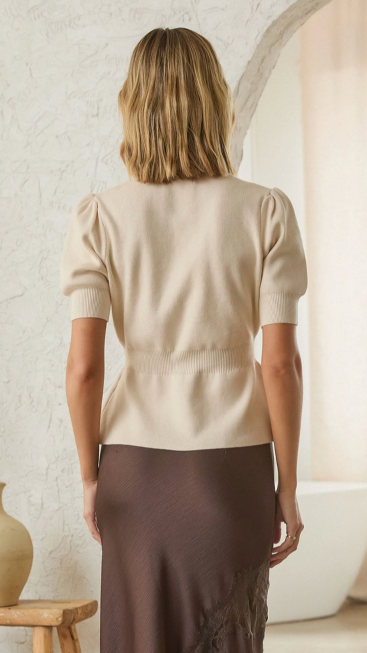 Ivory Ribbed Short Sleeve Peplum Cardigan Top