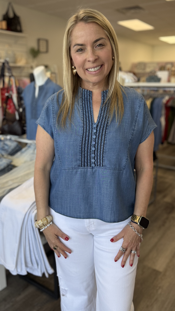 Flutter Short Sleeve Chambray Top