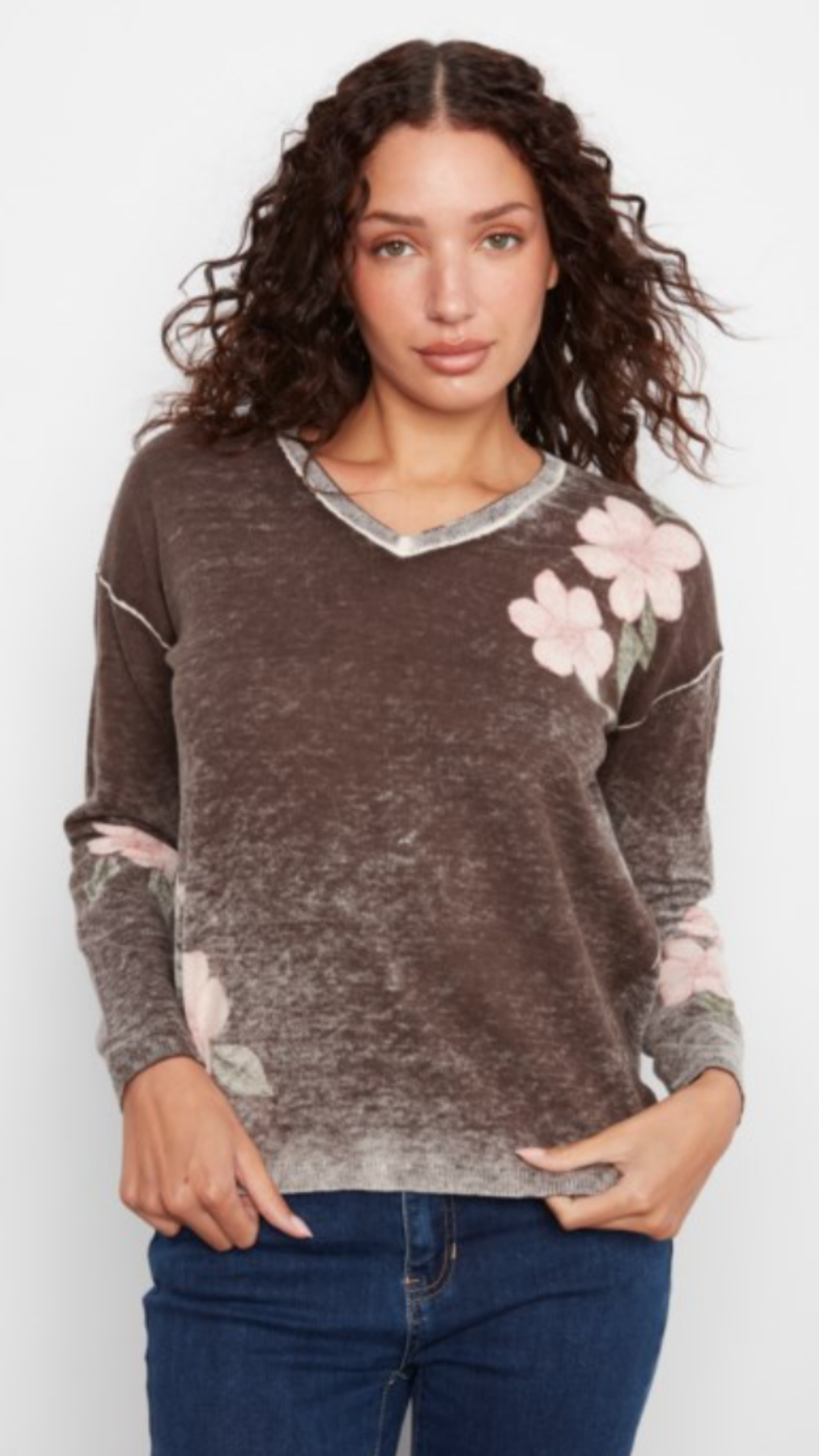 Coffee Floral Reversible V Neck Sweater