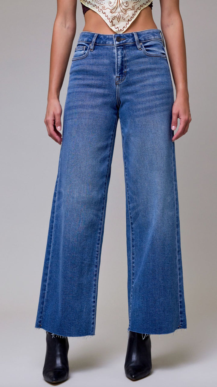 High Rise Dark Wash Full Length Wide Leg Jeans