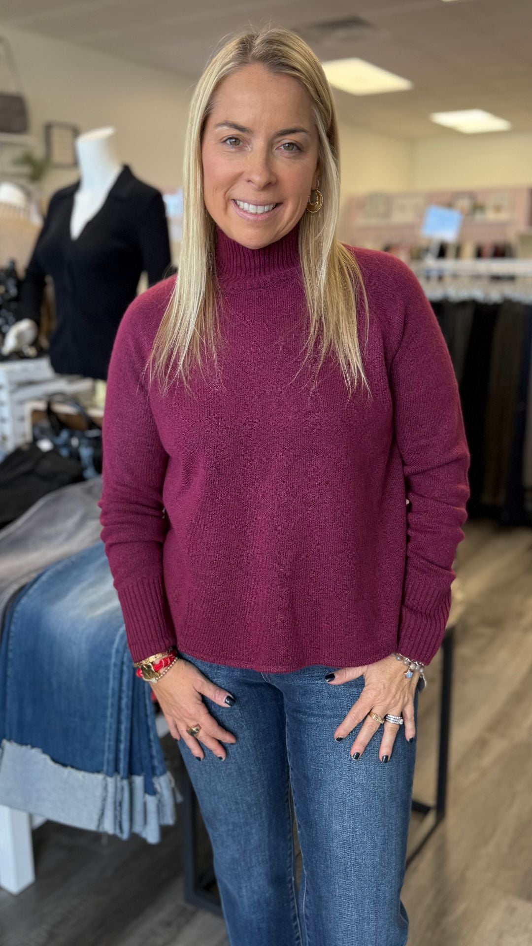 Raspberry Beret Alessi Mock Neck Sweater