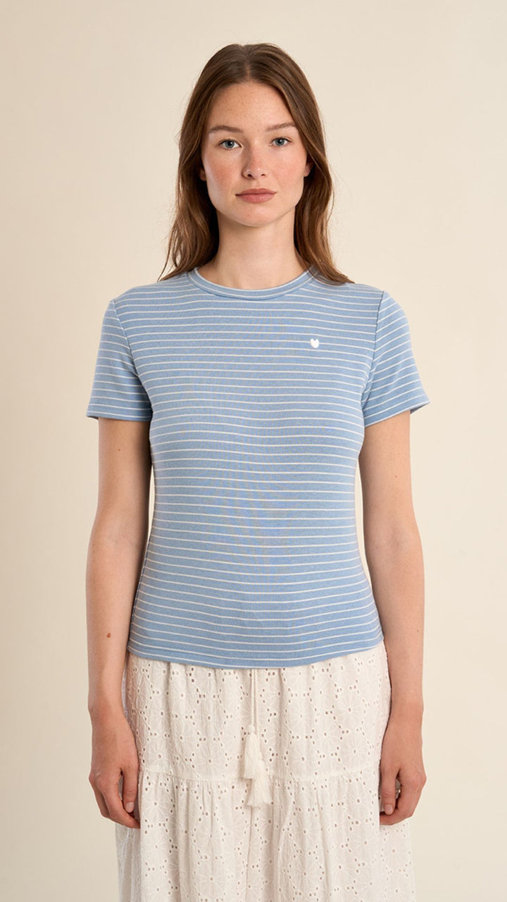Blue Stripe Heart Embroidered Tee