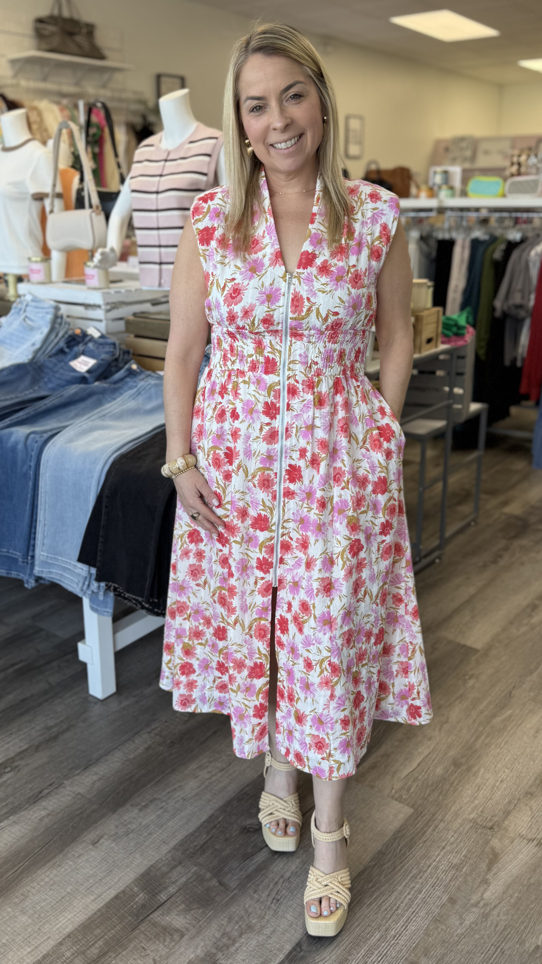 Floral Print Jacquard Cotton Front Zip Closure Midi Dress