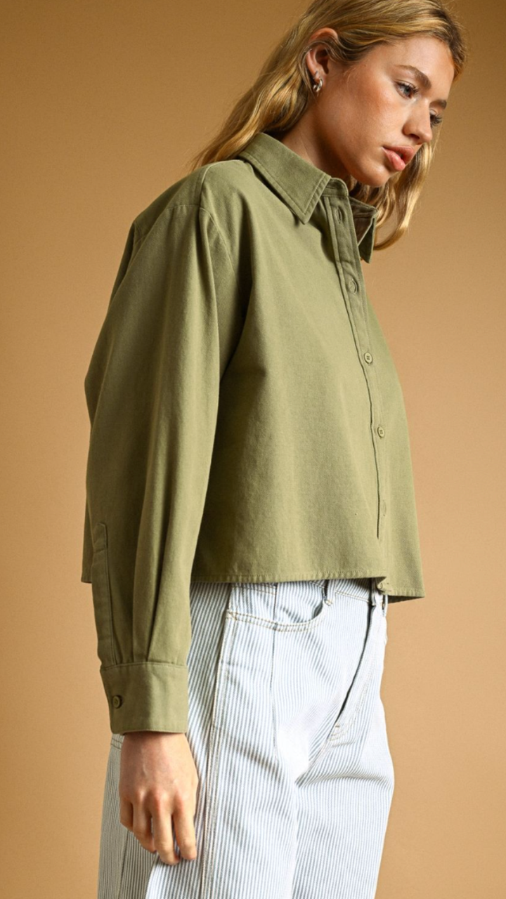 Olive Cropped Buttondown Top