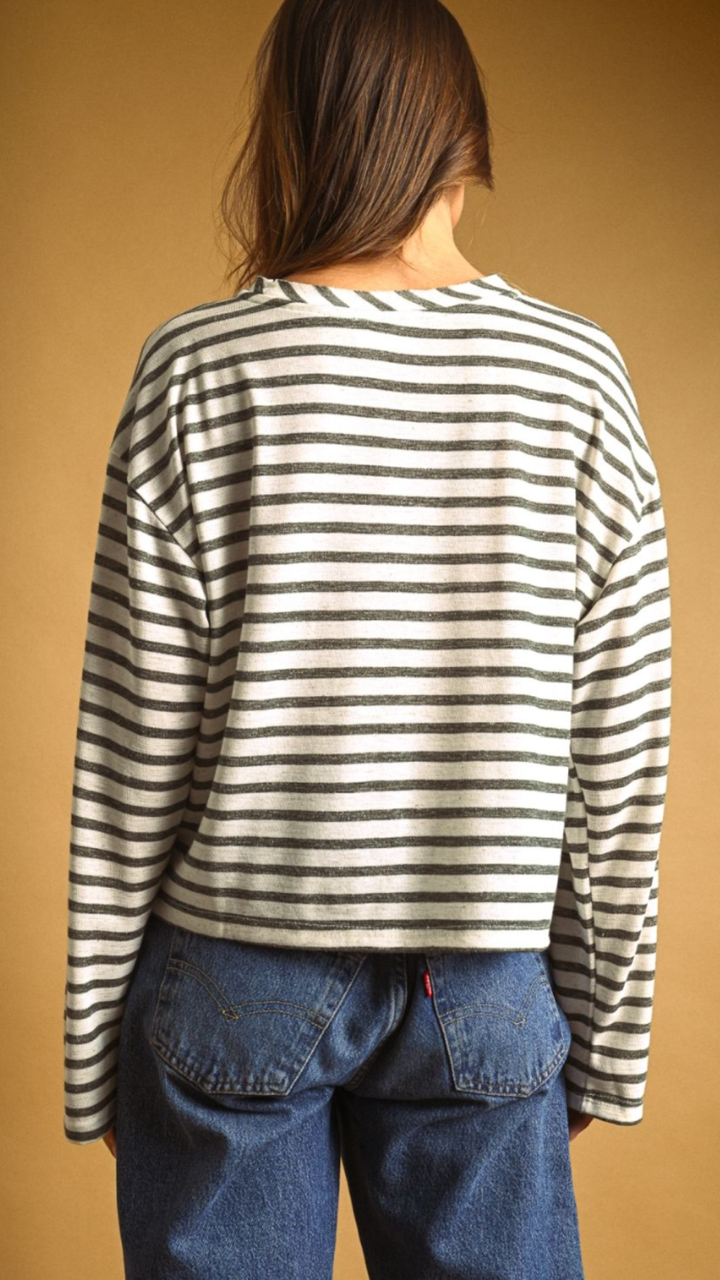 Olive Striped Slub Long Sleeve Top