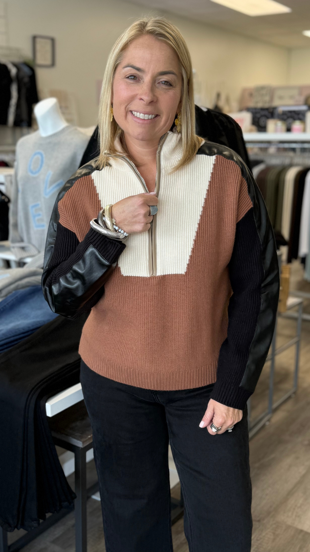 Camel Colorblock Sweater With Faux Leather Sleeves