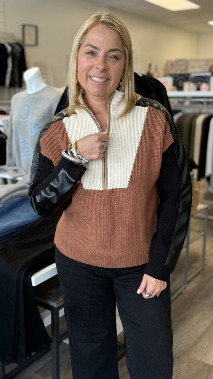 Camel Colorblock Sweater With Faux Leather Sleeves