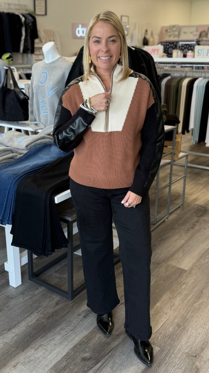 Camel Colorblock Sweater With Faux Leather Sleeves