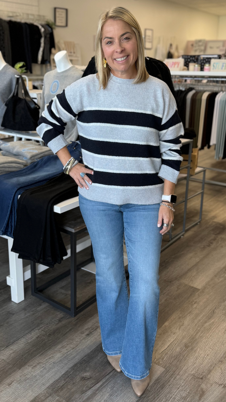 Bold Stripe Gray And Navy Crew Neck Sweater
