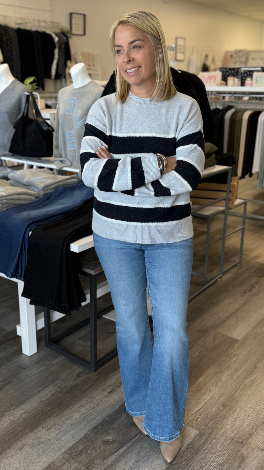 Bold Stripe Gray And Navy Crew Neck Sweater
