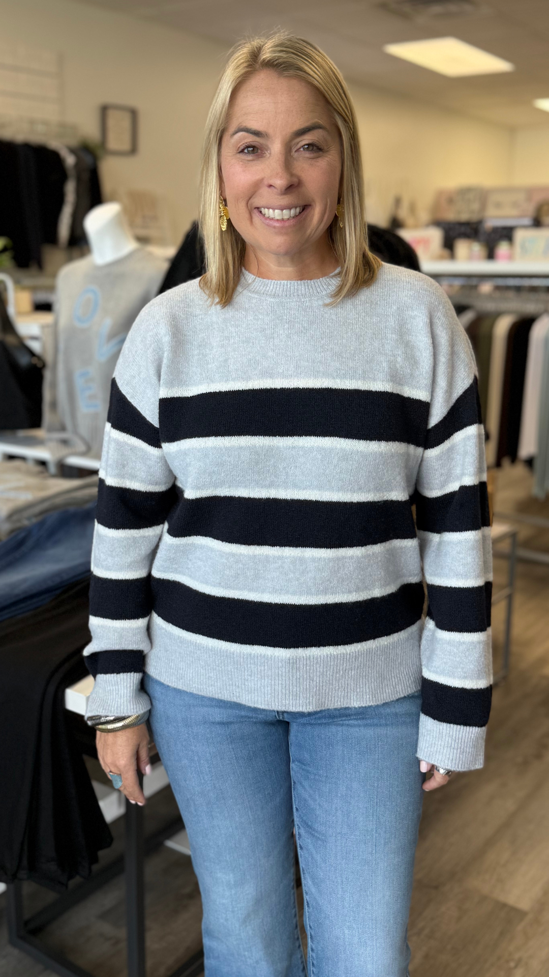 Bold Stripe Gray And Navy Crew Neck Sweater