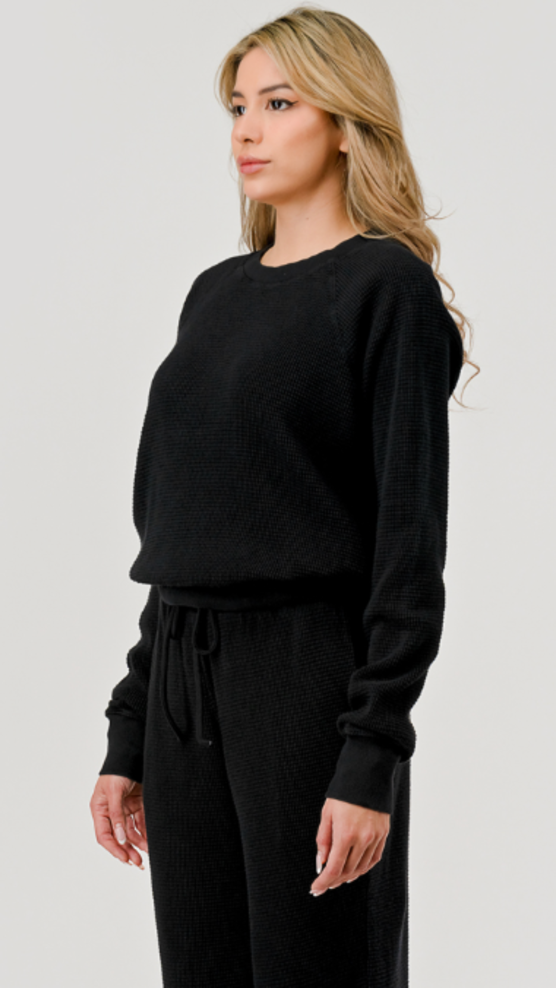 Black Cotton Thermal Waffle Vintage Dye Crew Neck