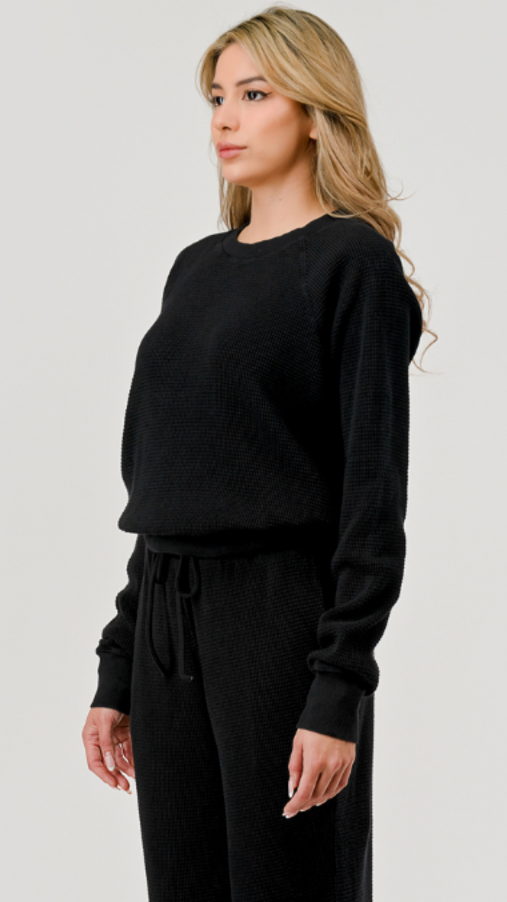 Black Cotton Thermal Waffle Vintage Dye Crew Neck