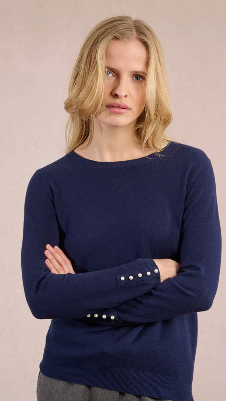 Navy Knit Sweater With Pearl Detail
