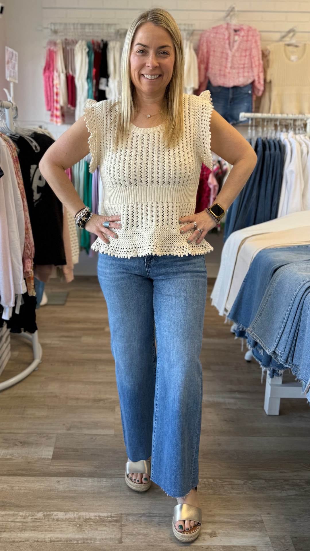 High Rise Medium Wash Tummy Control Crop Wide Leg Jeans