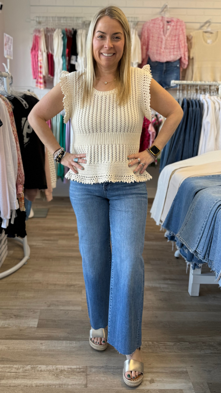 High Rise Medium Wash Tummy Control Crop Wide Leg Jeans