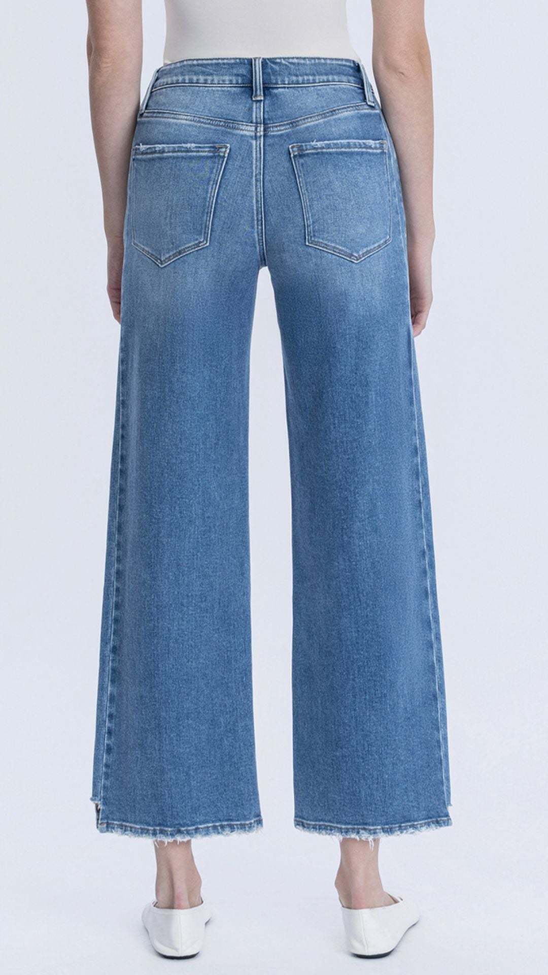 High Rise Medium Wash Side Panel Stem Hem Wide Leg Jeans