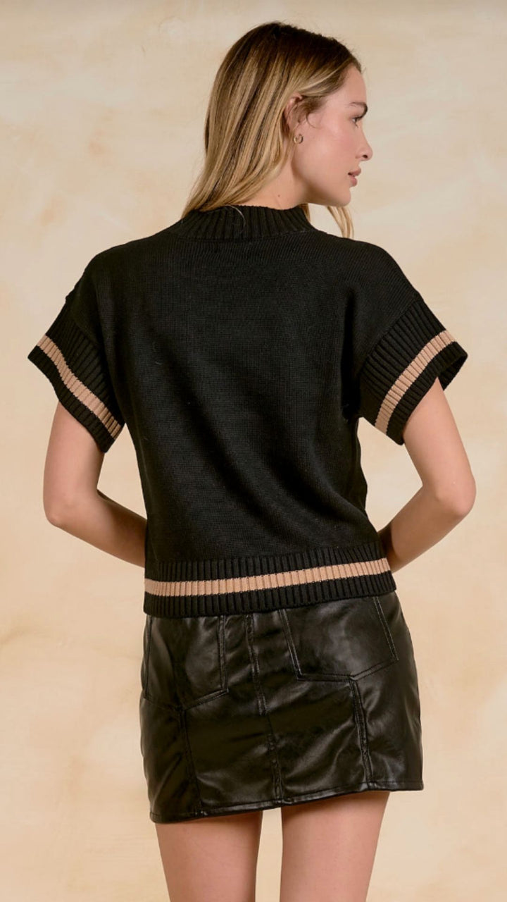Black And Tan Trim Crew Neck Sweater
