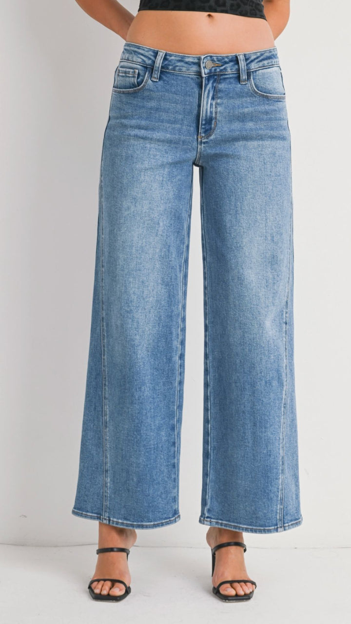 Mid Rise Medium Wash Full Length Seamed Wide Leg Jeans