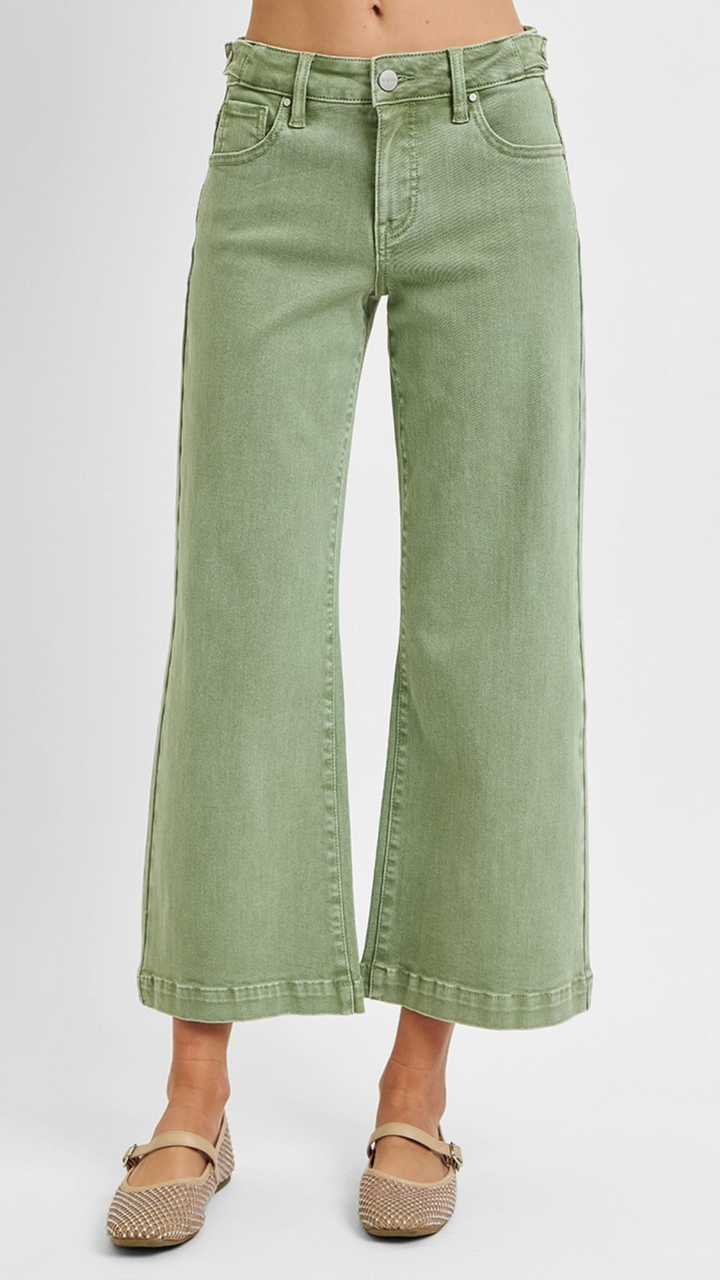 Mid Rise Olive Tummy Control Crop Adjustable Waist Band Jeans