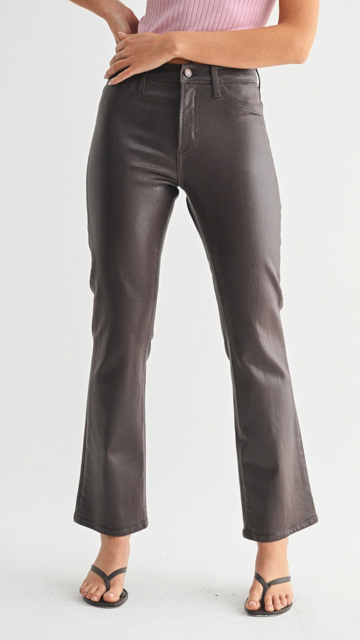 Mid Rise Coated Espresso Slim Cropped Bootcut Jeans