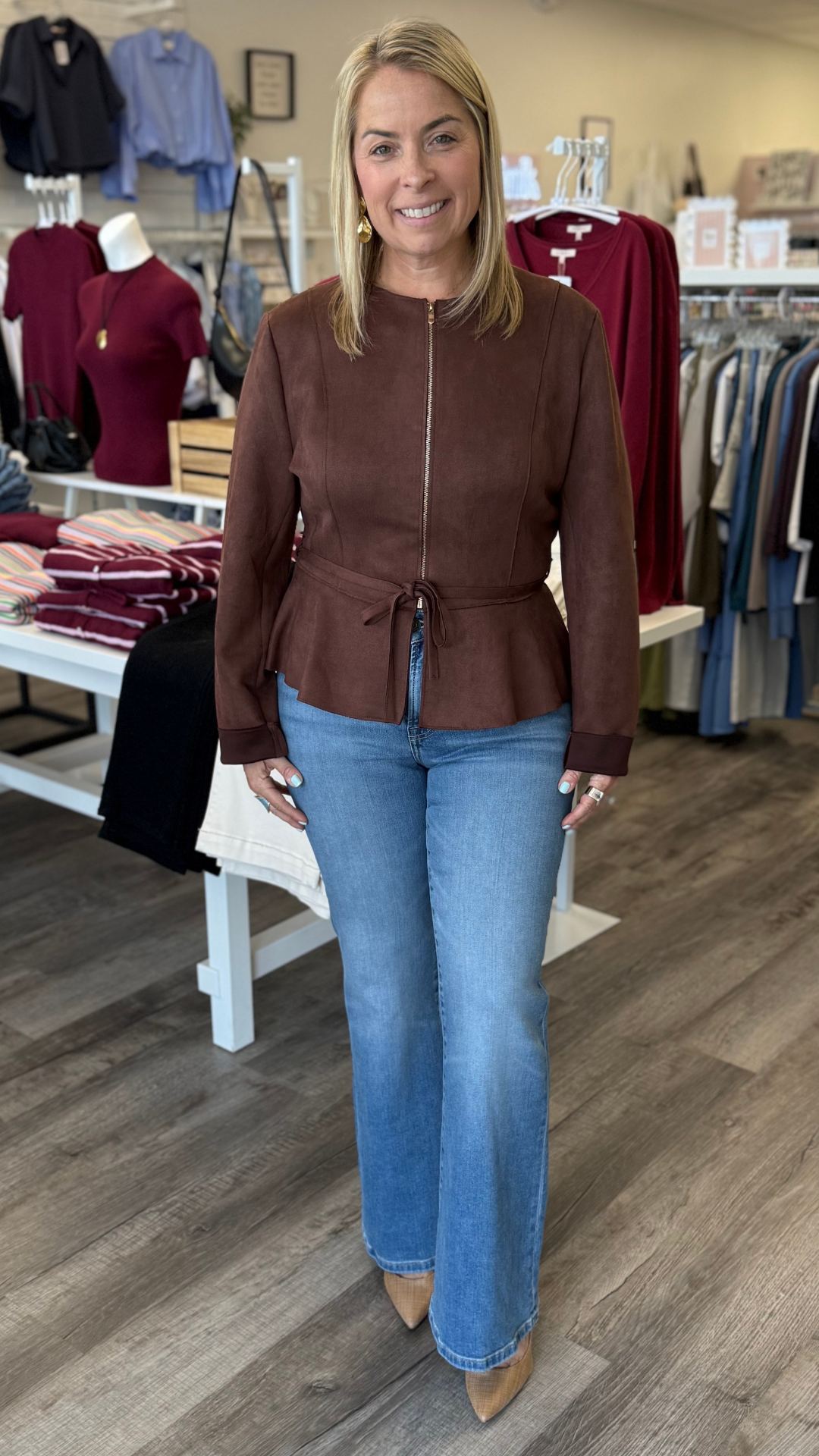 Brown Suede Zipper Jacket With Tie Waist