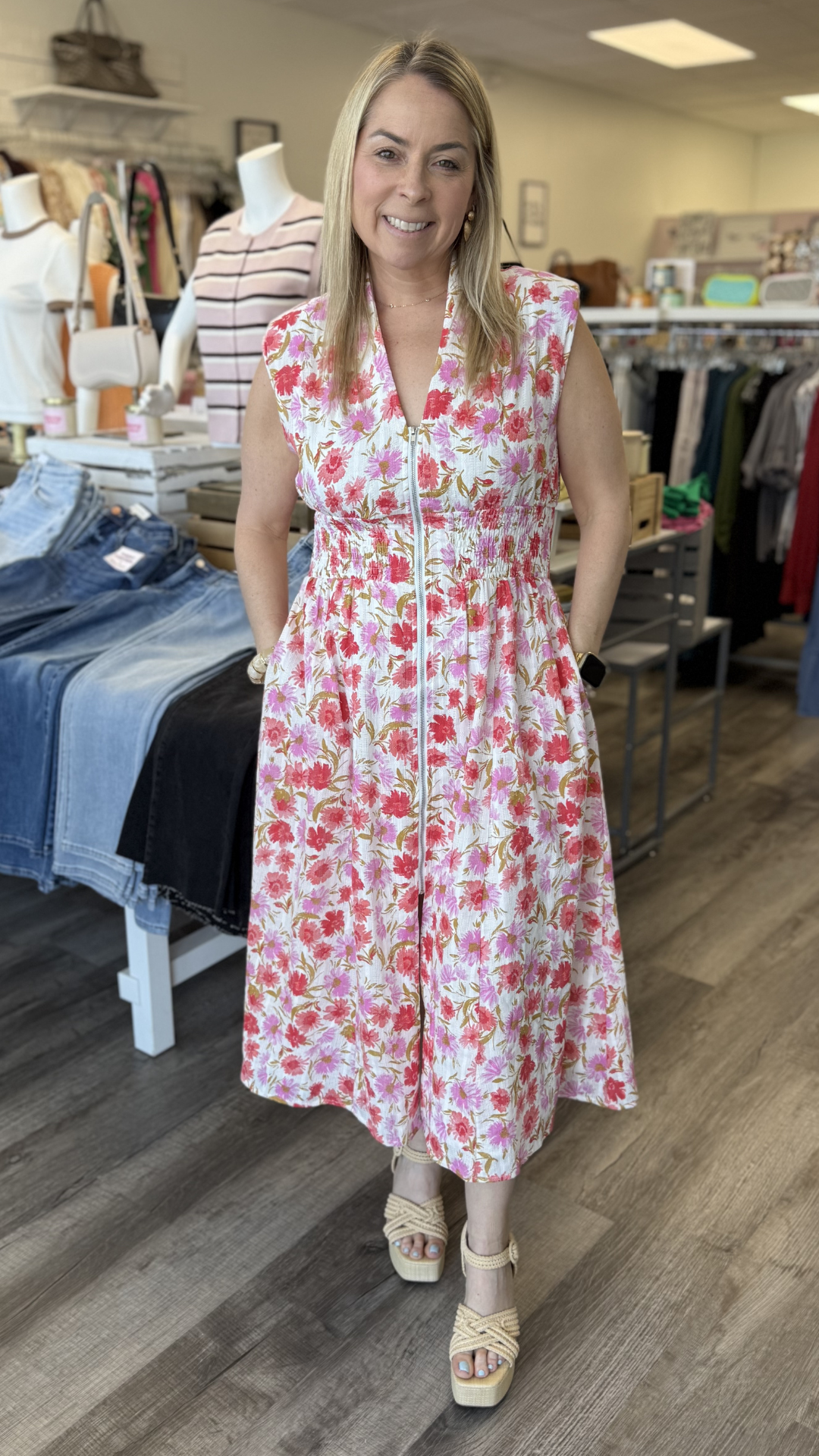Floral Print Jacquard Cotton Front Zip Closure Midi Dress